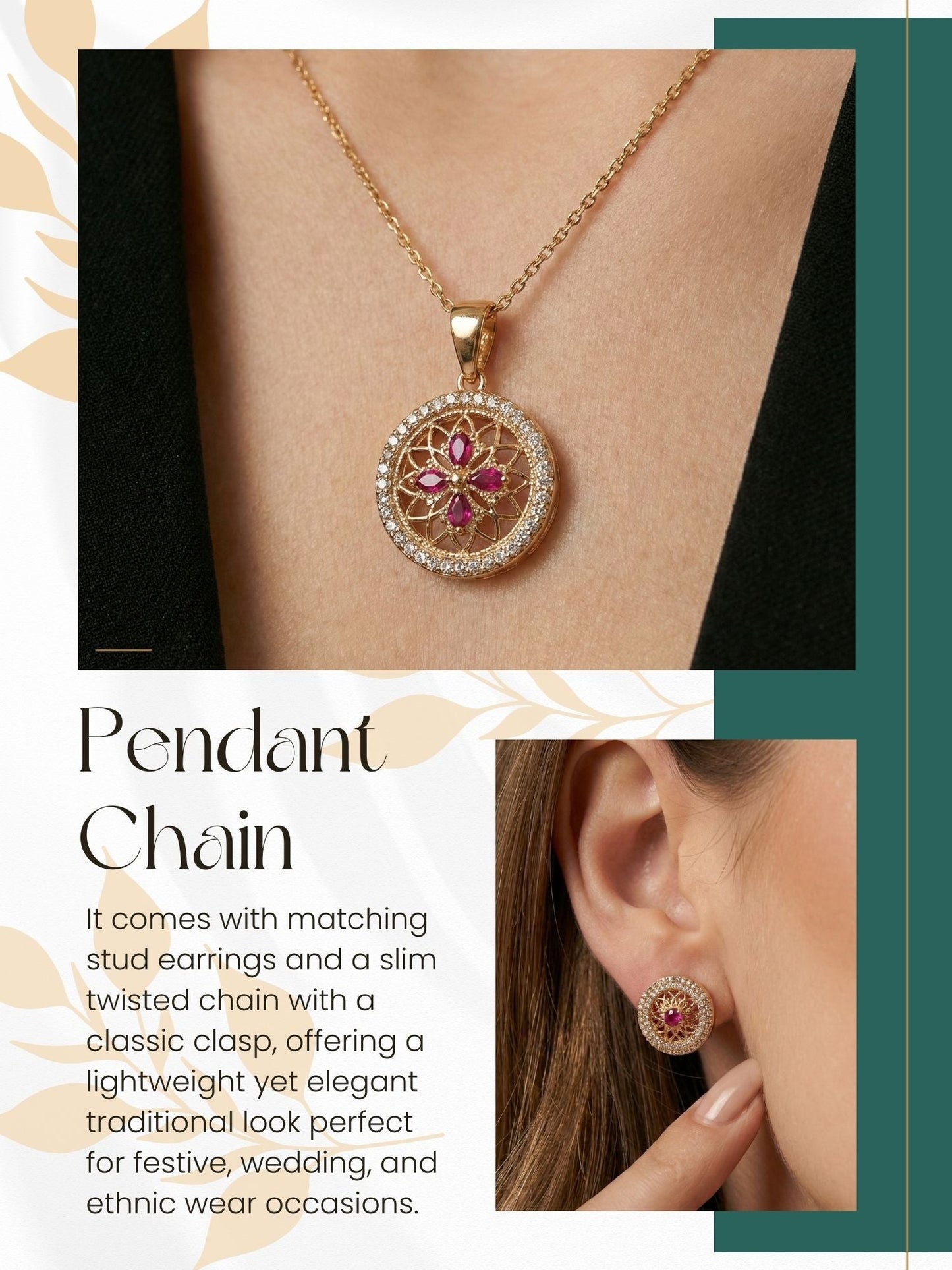 Meira Jewellery Rose Gold Plated Stone Studded Pendant Necklace with Pink Center Accent for Women, Lightweight Party Jewellery for Festive, Wedding, Evening, Daily Styling with Premium Finish Chain-10