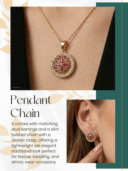 Meira Jewellery Rose Gold Plated Stone Studded Pendant Necklace with Pink Center Accent for Women, Lightweight Party Jewellery for Festive, Wedding, Evening, Daily Styling with Premium Finish Chain-10