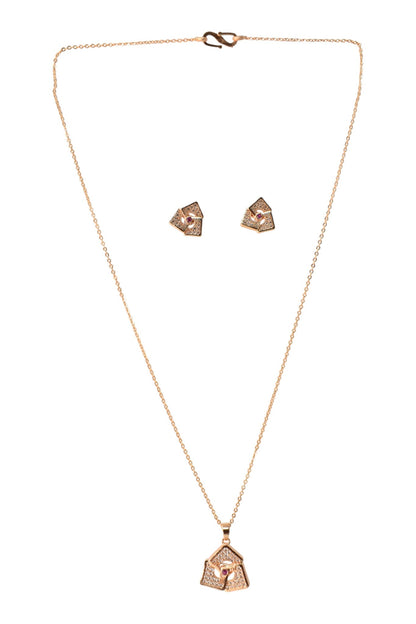 Meira Jewellery Rose Gold Plated Stone Studded Pendant Necklace with Pink Center Accent for Women, Lightweight Party Jewellery for Festive, Wedding, Evening, Daily Styling with Premium Finish Chain-11