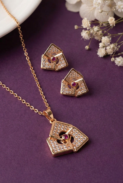 Meira Jewellery Rose Gold Plated Stone Studded Pendant Necklace with Pink Center Accent for Women, Lightweight Party Jewellery for Festive, Wedding, Evening, Daily Styling with Premium Finish Chain-11