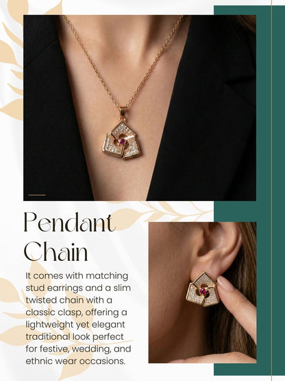 Meira Jewellery Rose Gold Plated Stone Studded Pendant Necklace with Pink Center Accent for Women, Lightweight Party Jewellery for Festive, Wedding, Evening, Daily Styling with Premium Finish Chain-11