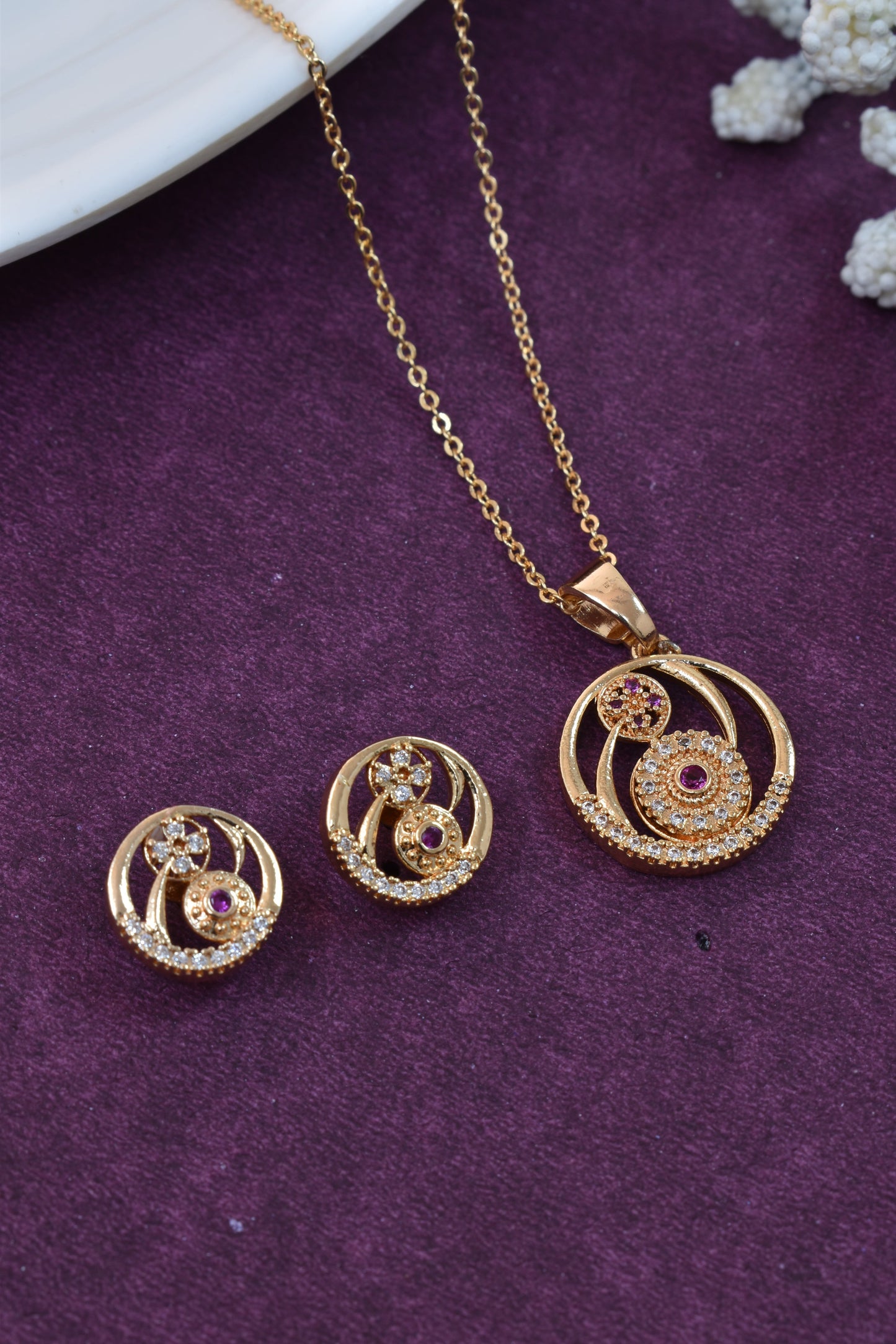 Meira Jewellery Gold Plated Stone Studded Pendant Necklace with Pink Center Accent for Women, Lightweight Party Jewellery for Festive, Wedding, Evening and Daily Styling with Premium Finish Chain-02