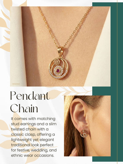 Meira Jewellery Gold Plated Stone Studded Pendant Necklace with Pink Center Accent for Women, Lightweight Party Jewellery for Festive, Wedding, Evening and Daily Styling with Premium Finish Chain-02