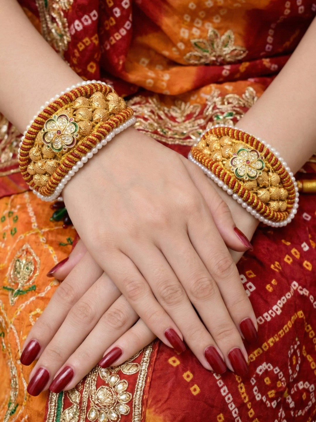 Meira Jewellery Pack of 2 Traditional Rajasthani Poonchi Bracelet for Women, Gold-Plated AD Studded Pearl Handcrafted Rajputi Kada, Ethnic Bridal Wedding Festive Adjustable Thread Punsi Bangles-01