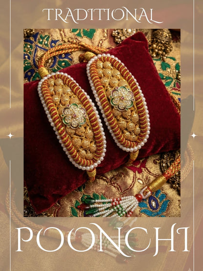 Meira Jewellery Pack of 2 Traditional Rajasthani Poonchi Bracelet for Women, Gold-Plated AD Studded Pearl Handcrafted Rajputi Kada, Ethnic Bridal Wedding Festive Adjustable Thread Punsi Bangles-01