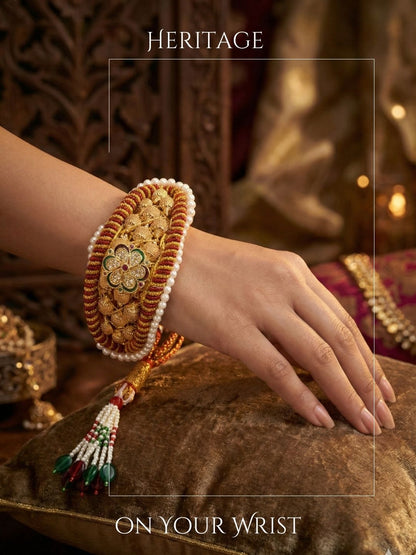 Meira Jewellery Pack of 2 Traditional Rajasthani Poonchi Bracelet for Women, Gold-Plated AD Studded Pearl Handcrafted Rajputi Kada, Ethnic Bridal Wedding Festive Adjustable Thread Punsi Bangles-01
