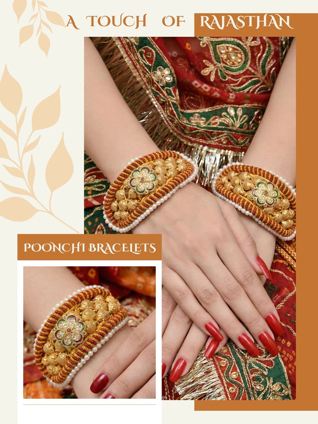 Meira Jewellery Pack of 2 Traditional Rajasthani Poonchi Bracelet for Women, Gold-Plated AD Studded Pearl Handcrafted Rajputi Kada, Ethnic Bridal Wedding Festive Adjustable Thread Punsi Bangles-01