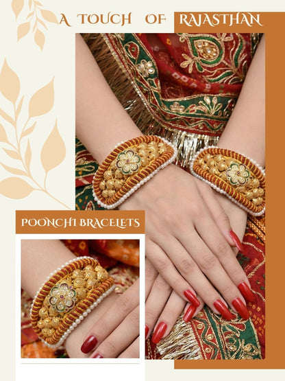 Meira Jewellery Pack of 2 Traditional Rajasthani Poonchi Bracelet for Women, Gold-Plated AD Studded Pearl Handcrafted Rajputi Kada, Ethnic Bridal Wedding Festive Adjustable Thread Punsi Bangles-01