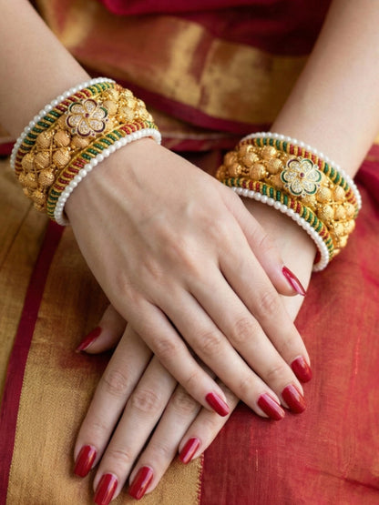 Meira Jewellery Pack of 2 Traditional Rajasthani Poonchi Bracelet for Women, Gold-Plated AD Studded Pearl Handcrafted Rajputi Kada, Ethnic Bridal Wedding Festive Adjustable Thread Punsi Bangles-02