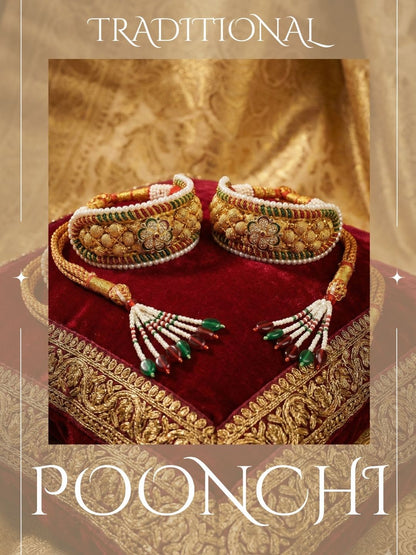 Meira Jewellery Pack of 2 Traditional Rajasthani Poonchi Bracelet for Women, Gold-Plated AD Studded Pearl Handcrafted Rajputi Kada, Ethnic Bridal Wedding Festive Adjustable Thread Punsi Bangles-02