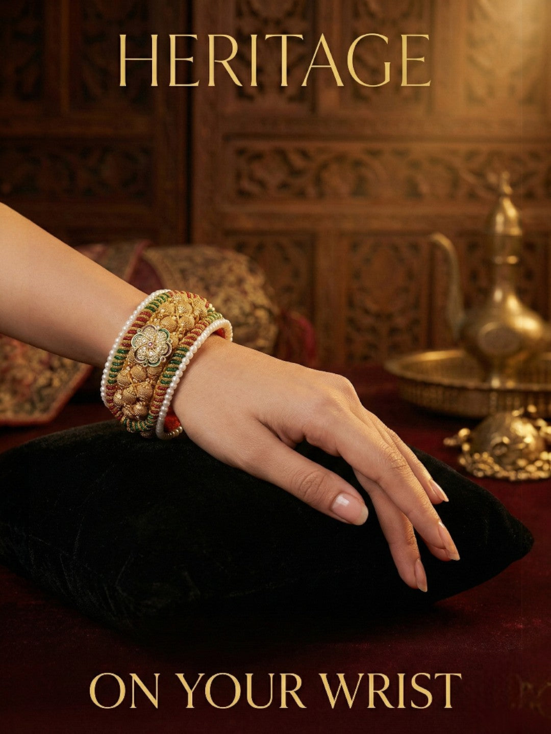 Meira Jewellery Pack of 2 Traditional Rajasthani Poonchi Bracelet for Women, Gold-Plated AD Studded Pearl Handcrafted Rajputi Kada, Ethnic Bridal Wedding Festive Adjustable Thread Punsi Bangles-02