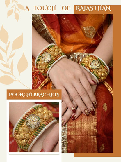 Meira Jewellery Pack of 2 Traditional Rajasthani Poonchi Bracelet for Women, Gold-Plated AD Studded Pearl Handcrafted Rajputi Kada, Ethnic Bridal Wedding Festive Adjustable Thread Punsi Bangles-02