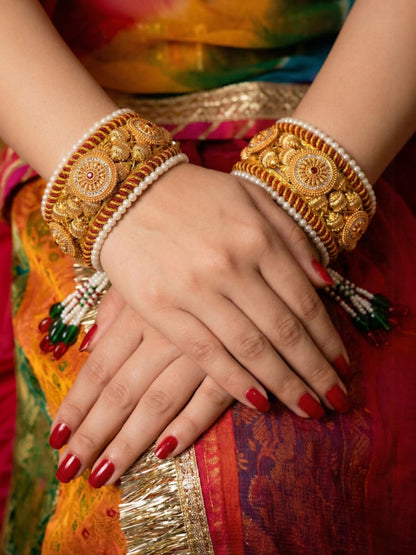 Meira Jewellery Pack of 2 Traditional Rajasthani Poonchi Bracelet for Women, Gold-Plated AD Studded Pearl Handcrafted Rajputi Kada, Ethnic Bridal Wedding Festive Adjustable Thread Punsi Bangles-04