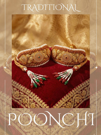 Meira Jewellery Pack of 2 Traditional Rajasthani Poonchi Bracelet for Women, Gold-Plated AD Studded Pearl Handcrafted Rajputi Kada, Ethnic Bridal Wedding Festive Adjustable Thread Punsi Bangles-04