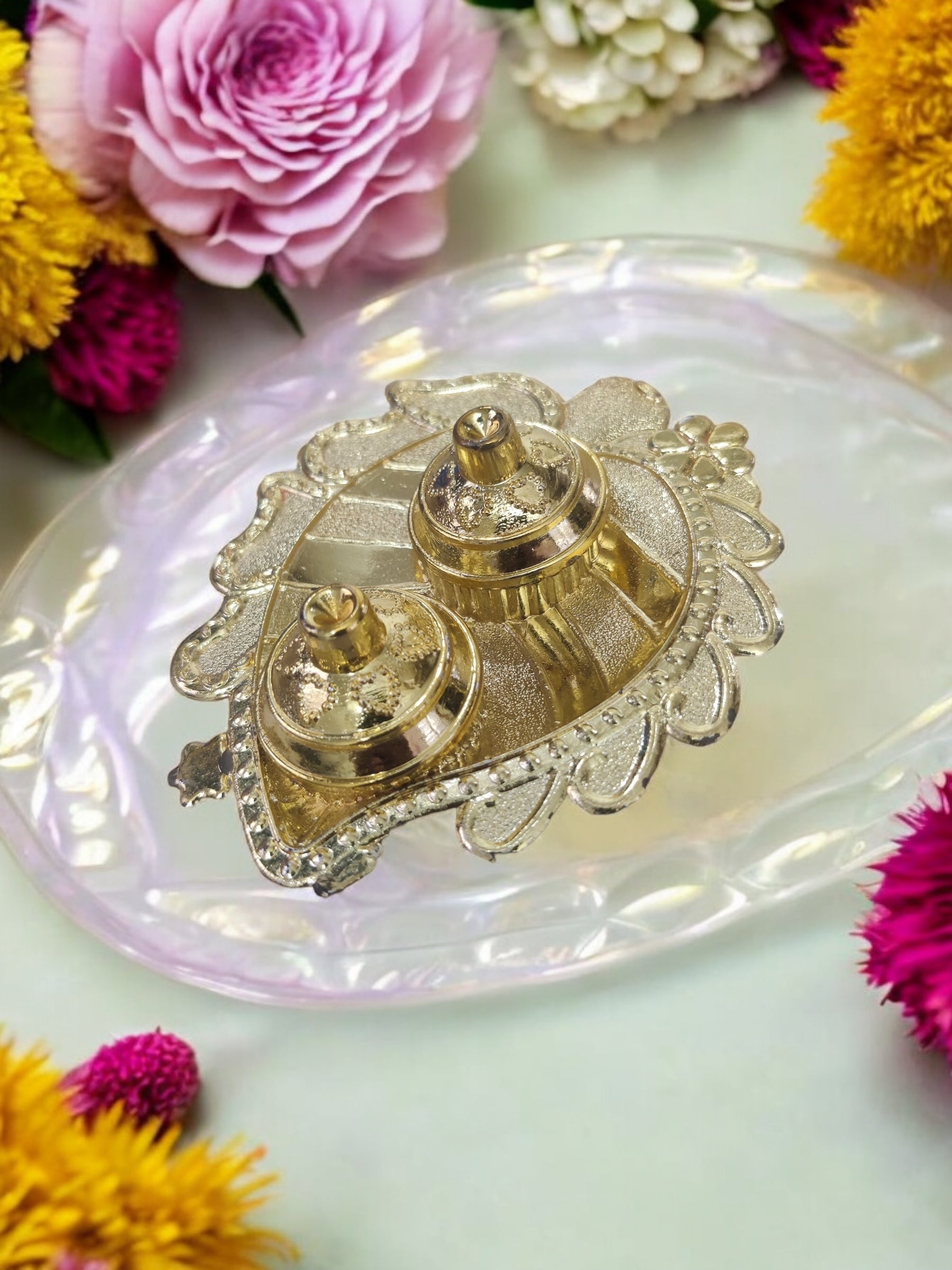 Pooja thali,pooja platter,karvachauth thali pooja items,kumkum dani,roli-chawal plate,roli haldi platter