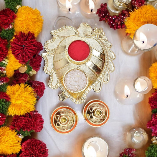 Pooja thali,pooja platter,karvachauth thali pooja items,kumkum dani,roli-chawal plate,roli haldi platter