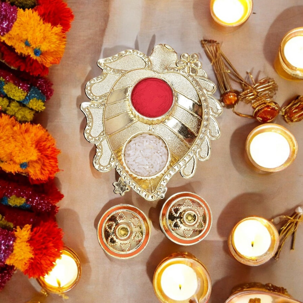 Pooja thali,pooja platter,karvachauth thali pooja items,kumkum dani,roli-chawal plate,roli haldi platter