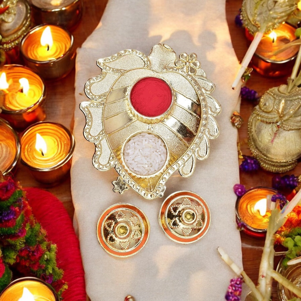 Pooja thali,pooja platter,karvachauth thali pooja items,kumkum dani,roli-chawal plate,roli haldi platter