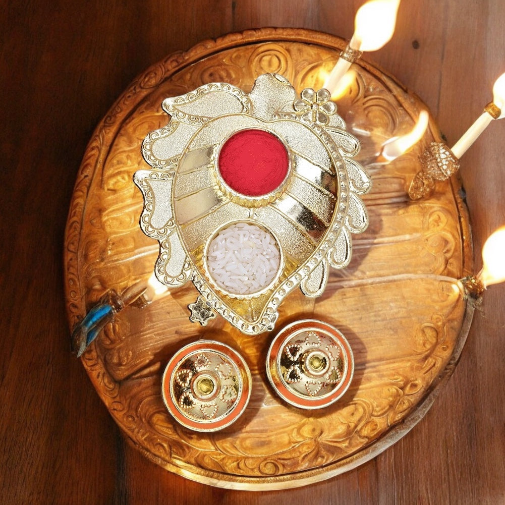 Pooja thali,pooja platter,karvachauth thali pooja items,kumkum dani,roli-chawal plate,roli haldi platter