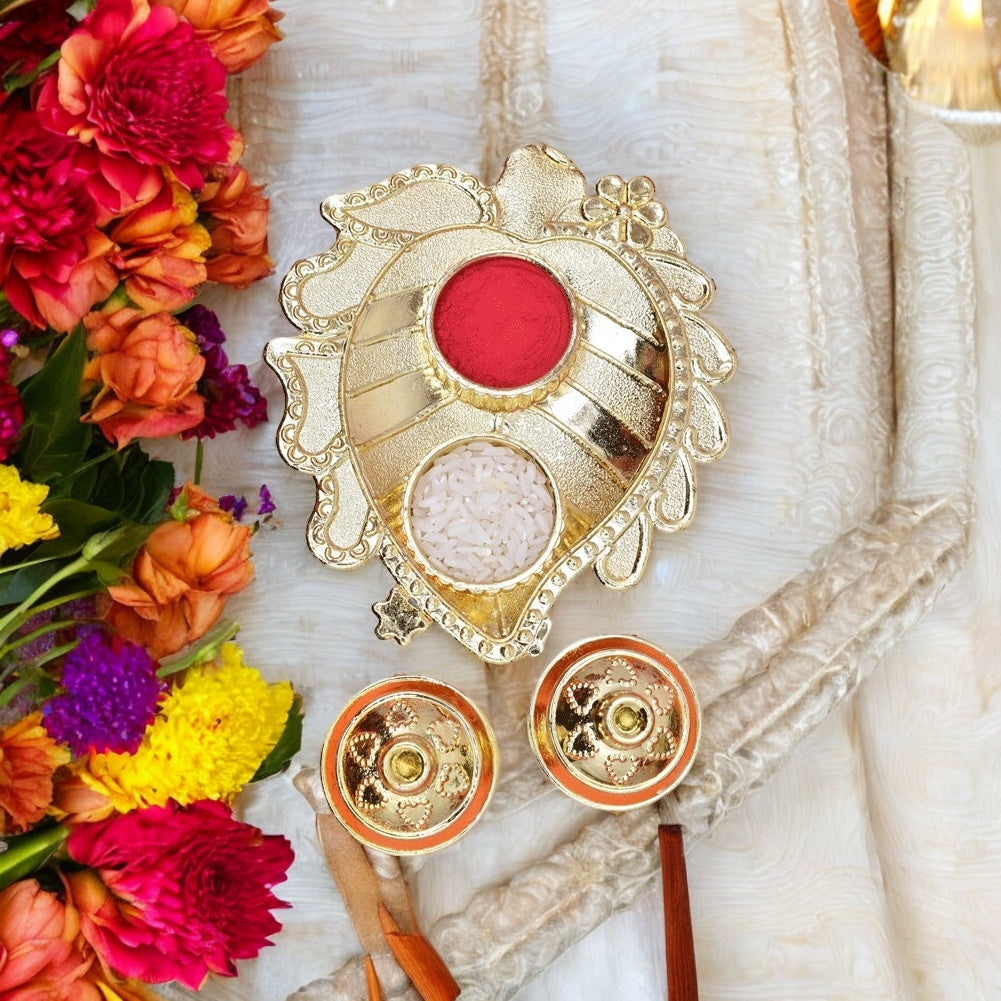 Pooja thali,pooja platter,karvachauth thali pooja items,kumkum dani,roli-chawal plate,roli haldi platter