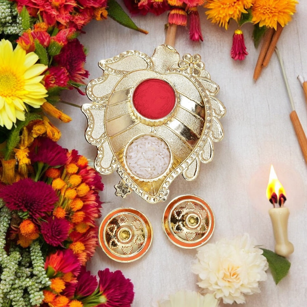 Pooja thali,pooja platter,karvachauth thali pooja items,kumkum dani,roli-chawal plate,roli haldi platter