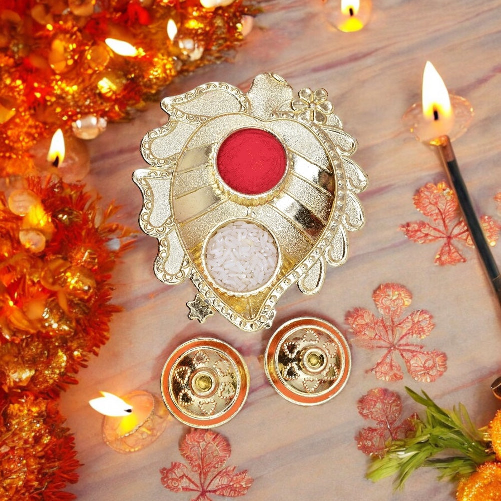 Pooja thali,pooja platter,karvachauth thali pooja items,kumkum dani,roli-chawal plate,roli haldi platter