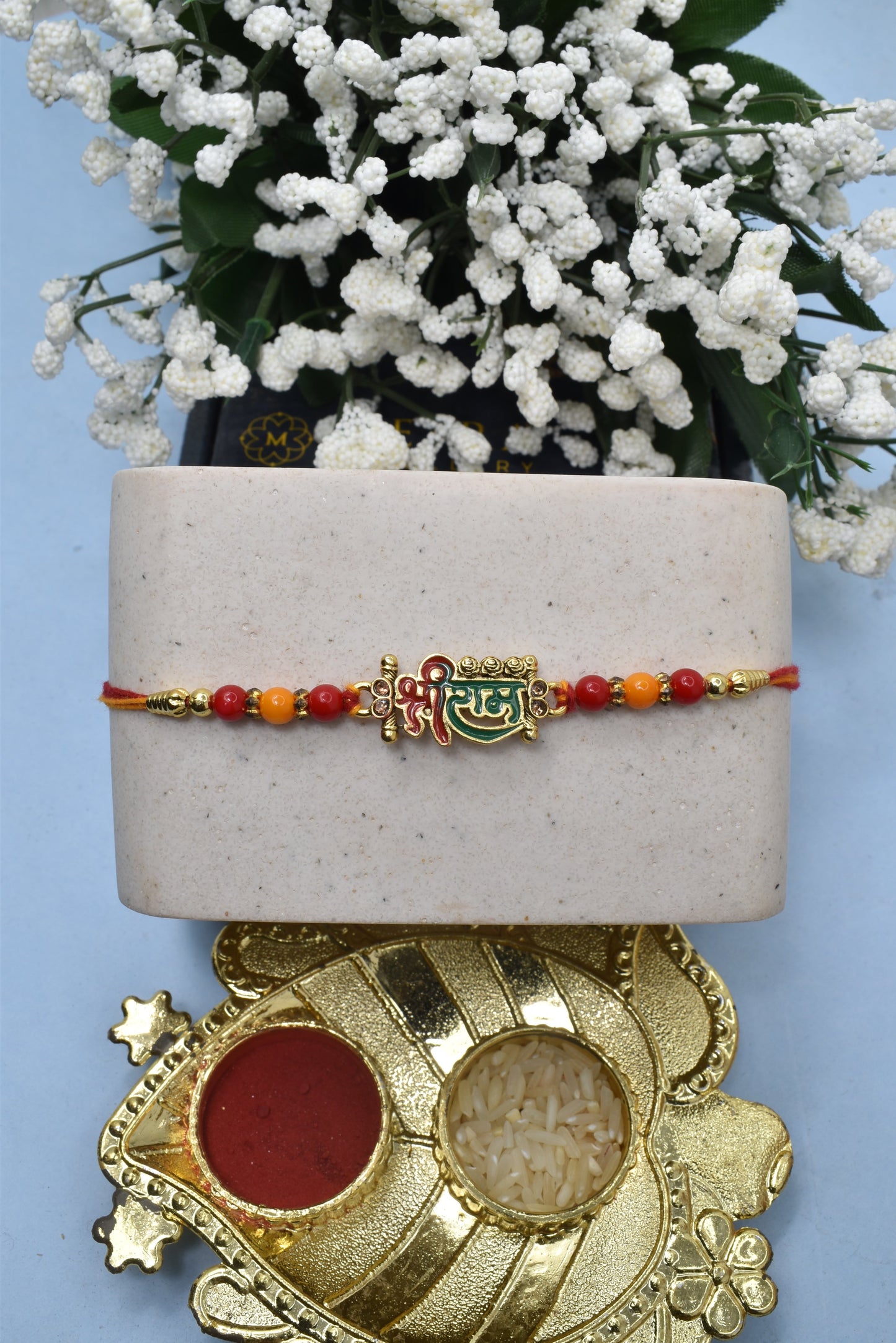 Spiritual Jai Shree Ram Brass gold plated Rakhis  Divine Goldplated  Multicolored  Rakhis  Set of 3 Rakhi   with Pack of Roli Chawal n Card |rakhi for brother|Bhaiya Rakhi | Kids rakhi |Rakhi for kids|Rakhi for Bhaiya