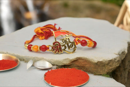 Spiritual Jai Shree Ram With Ayodhya Mandir Darshan Rakhis  Divine Goldplated  Multicolored  Rakhis  Set of 3 Rakhi   with Pack of Roli Chawal n Card |rakhi for brother|Bhaiya Rakhi | Kids rakhi |Rakhi for kids|Rakhi for Bhaiya