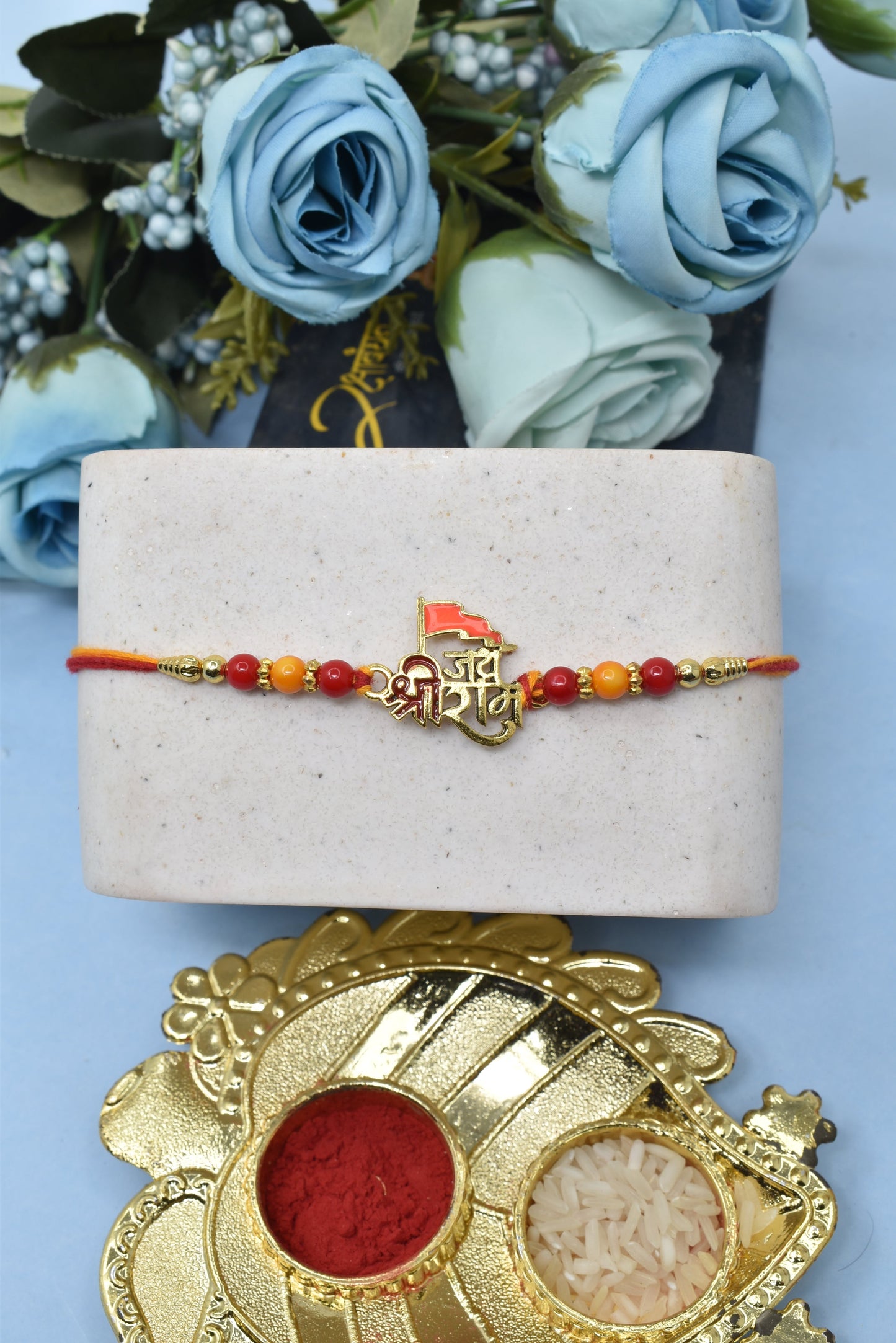 Spiritual Jai Shree Ram With Ayodhya Mandir Darshan Rakhis  Divine Goldplated  Multicolored  Rakhis  Set of 3 Rakhi   with Pack of Roli Chawal n Card |rakhi for brother|Bhaiya Rakhi | Kids rakhi |Rakhi for kids|Rakhi for Bhaiya