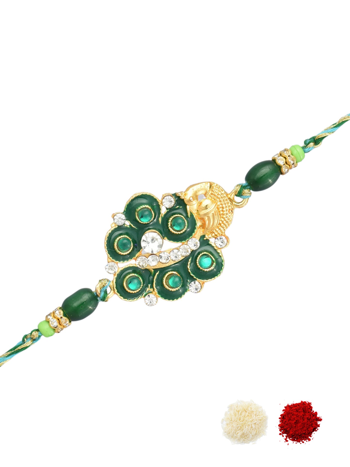 AD Studded Mor Design Green Rakhi