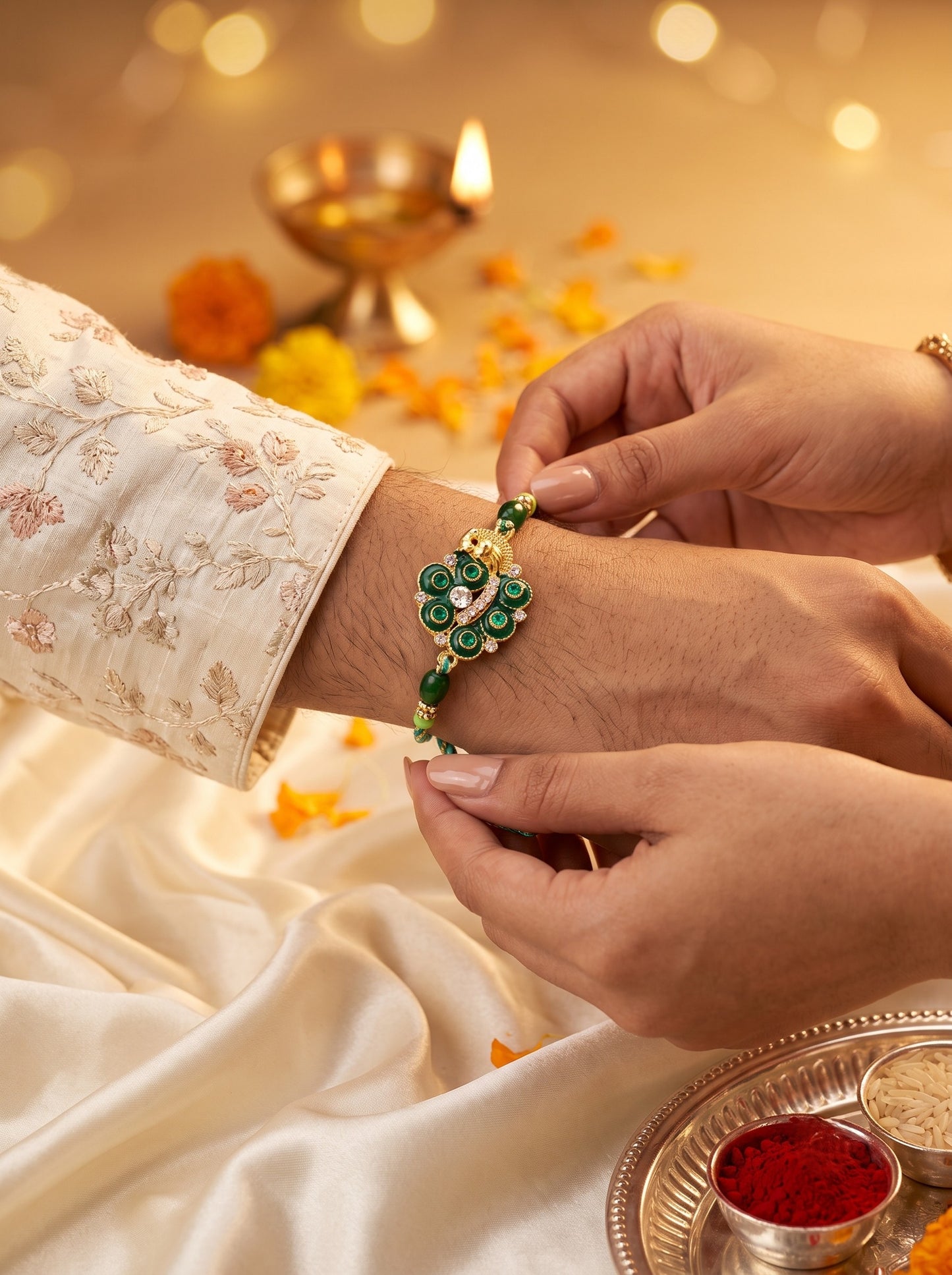AD Studded Mor Design Green Rakhi