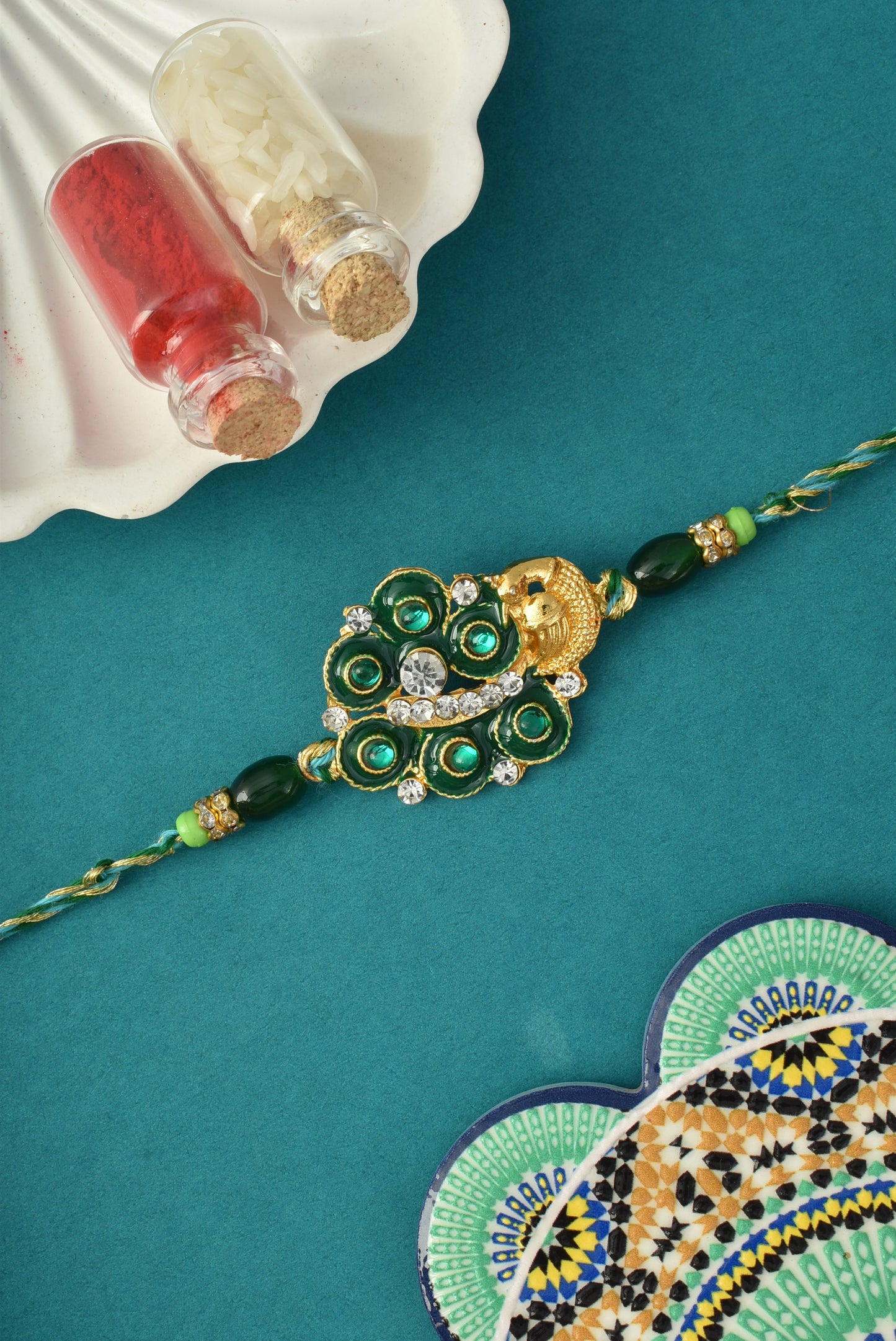 AD Studded Mor Design Green Rakhi
