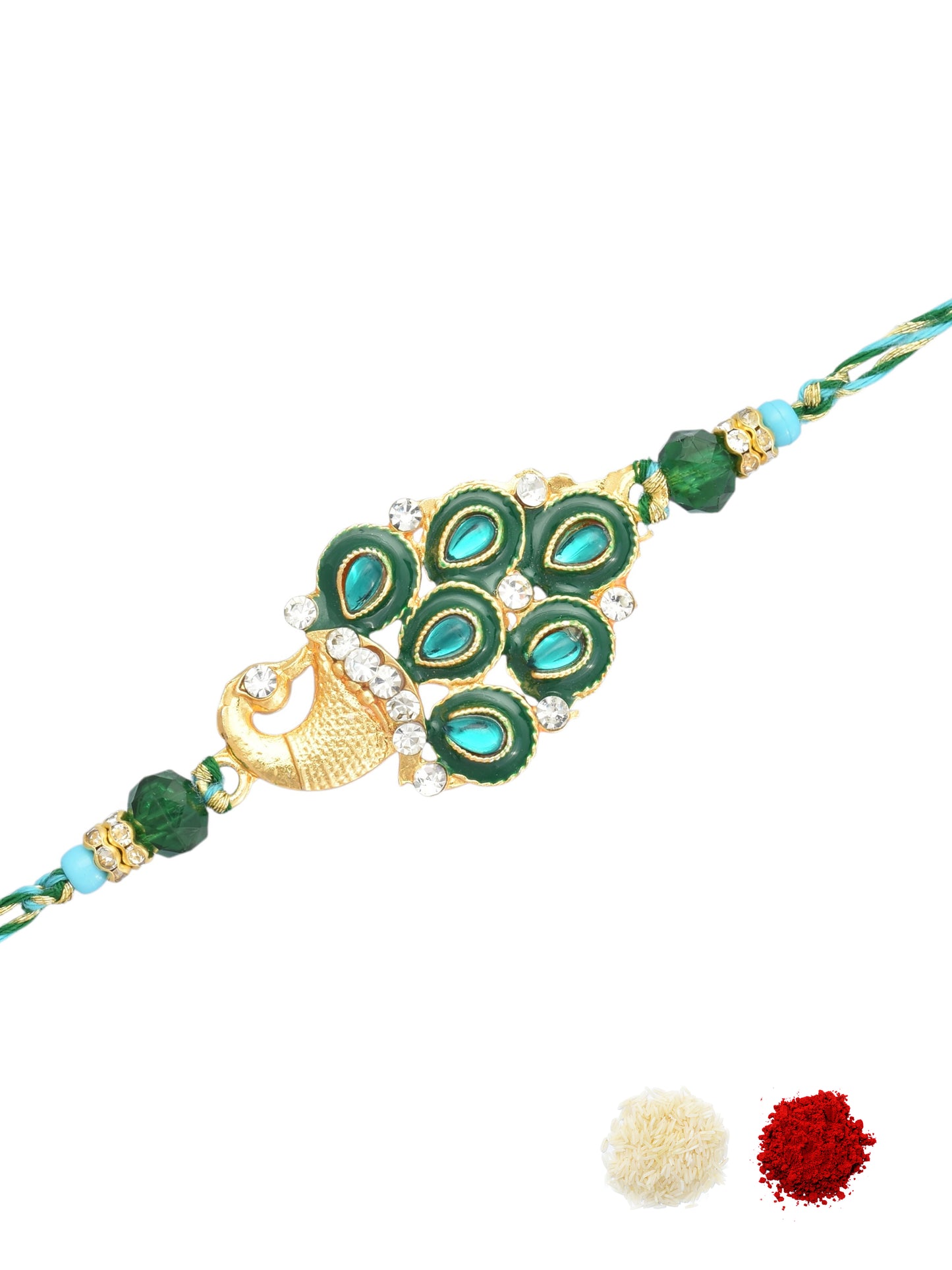 AD Studded Mor Design Green Rakhi