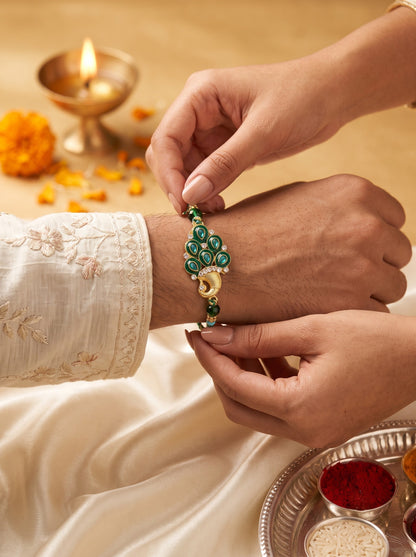 AD Studded Mor Design Green Rakhi