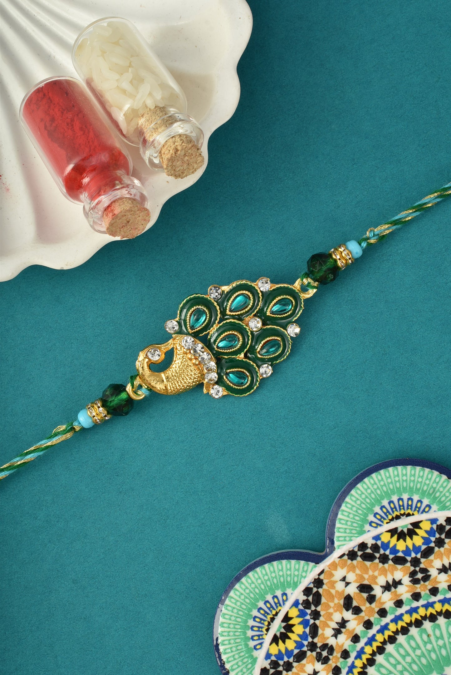 AD Studded Mor Design Green Rakhi