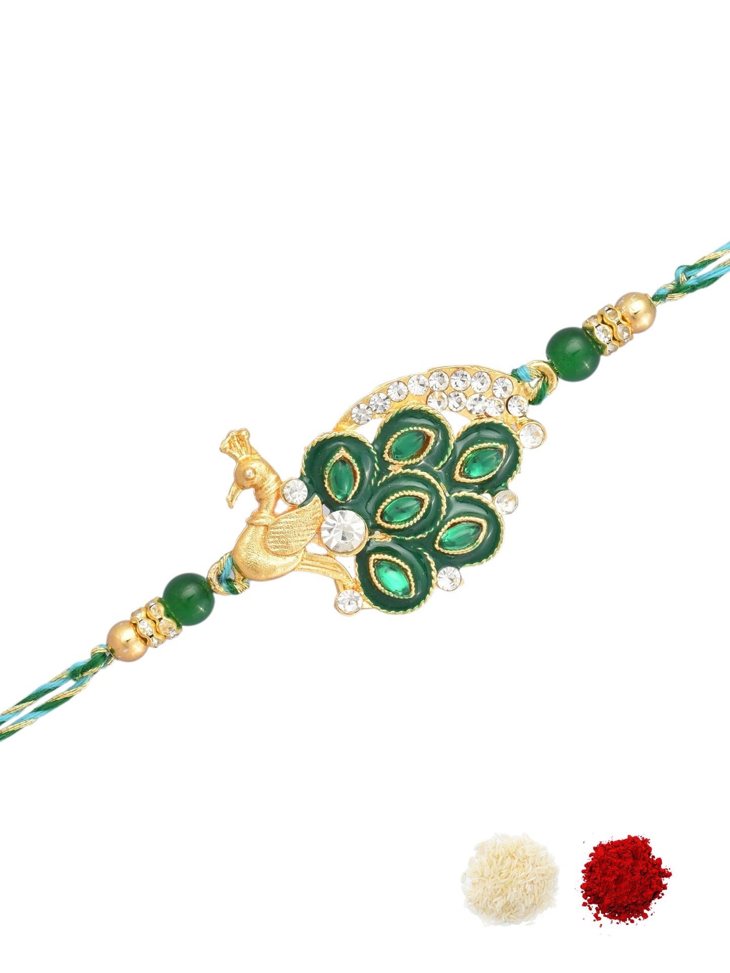 AD Studded Mor Design Green Rakhi