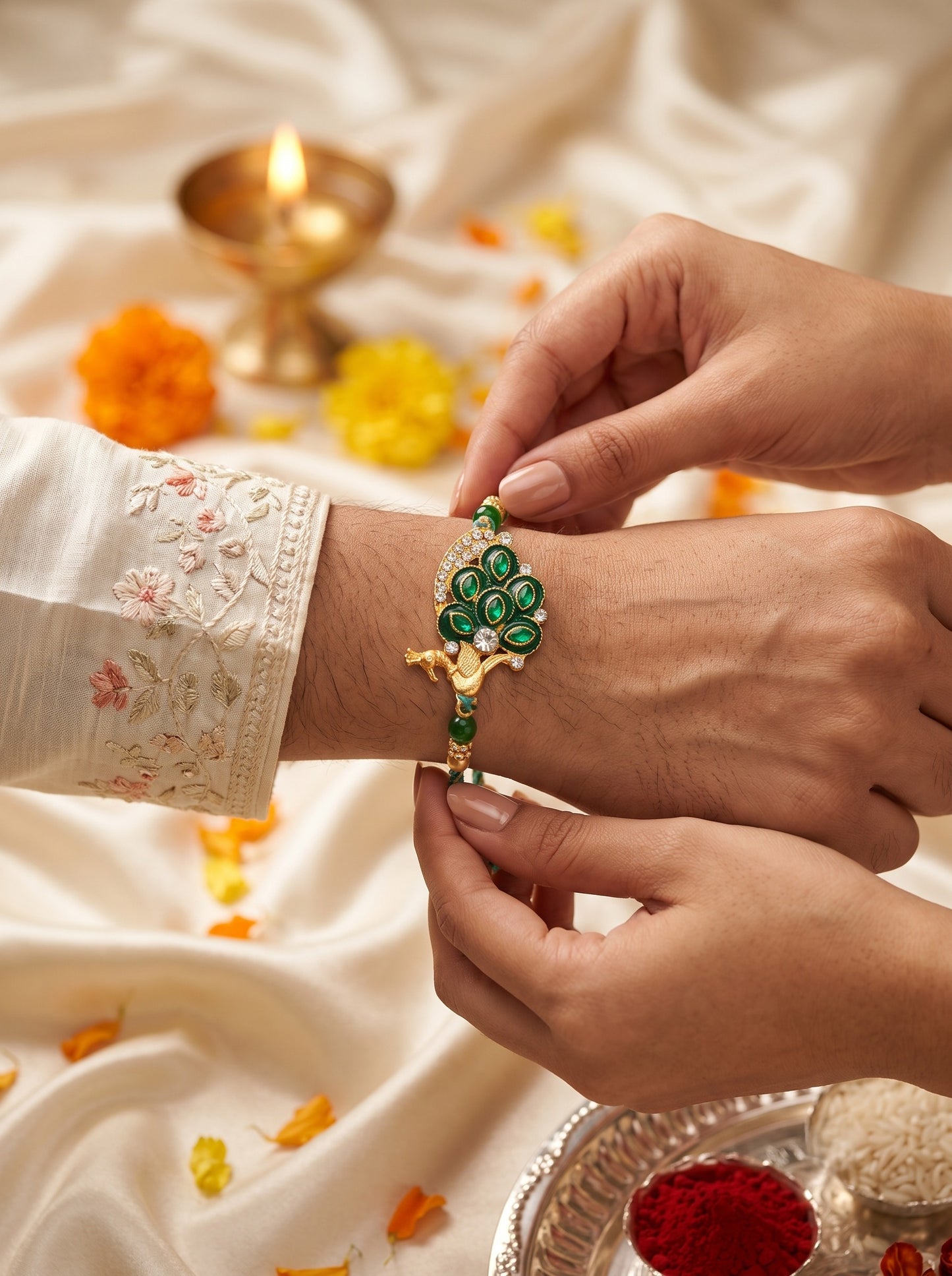 AD Studded Mor Design Green Rakhi