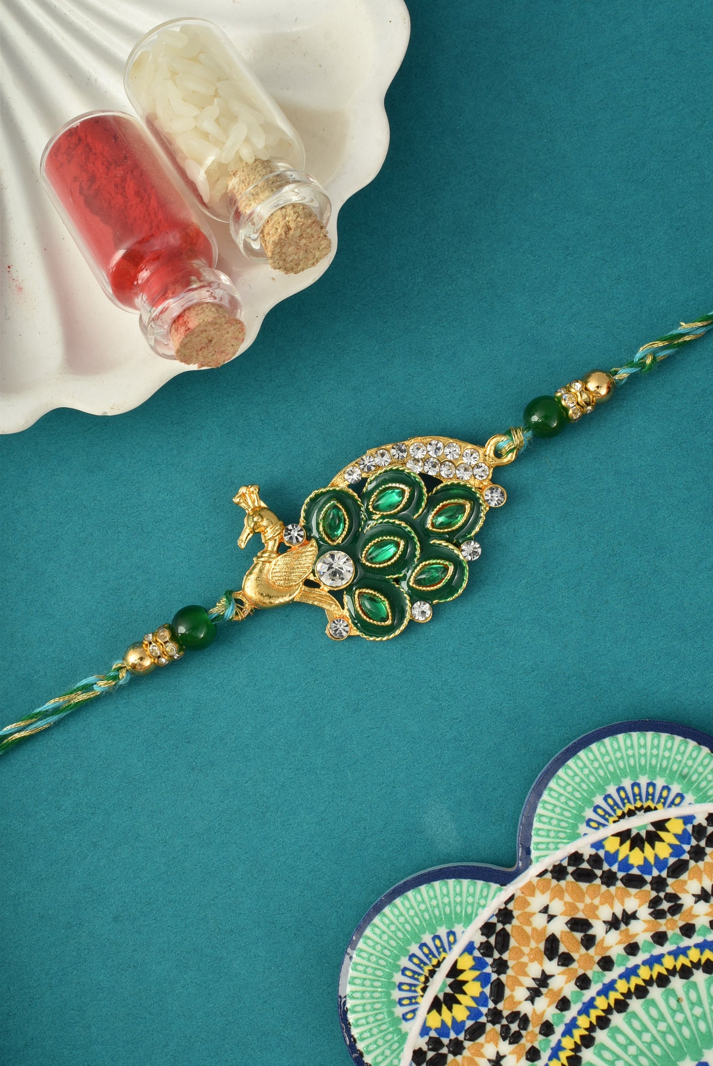 AD Studded Mor Design Green Rakhi