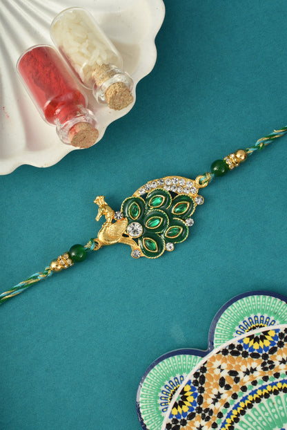 AD Studded Mor Design Green Rakhi