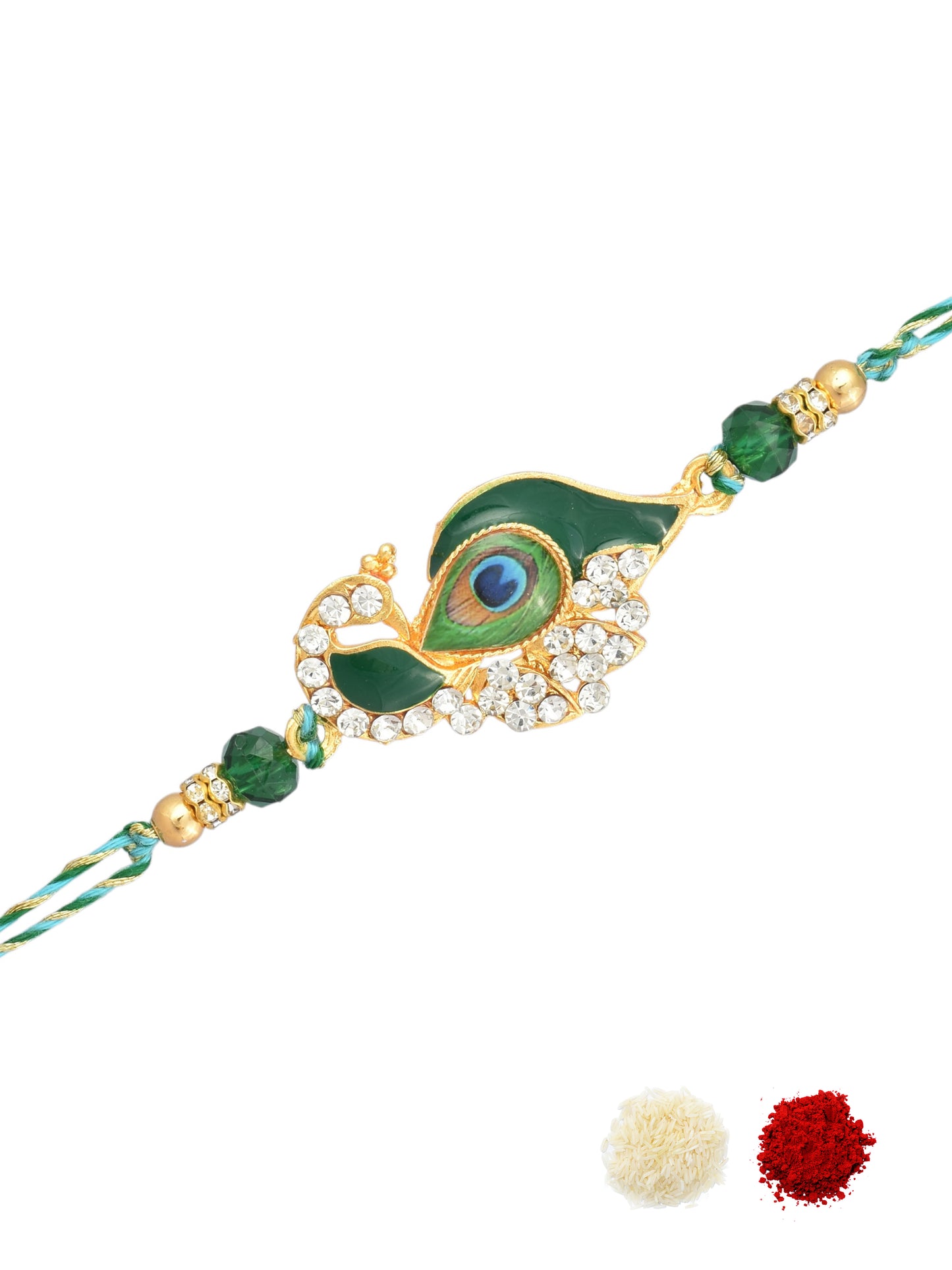 AD Studded Mor Design Green Rakhi