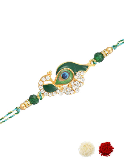 AD Studded Mor Design Green Rakhi