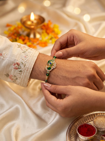 AD Studded Mor Design Green Rakhi