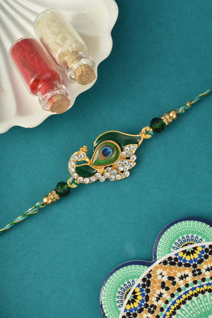 AD Studded Mor Design Green Rakhi