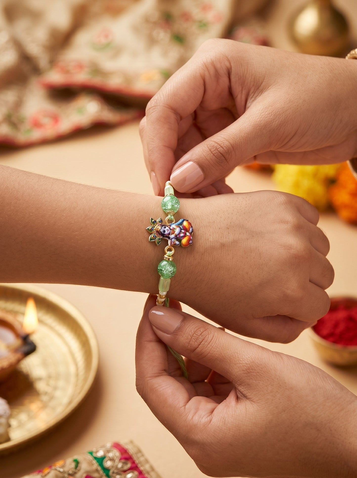 Krishna Morpankh Design Green Kids Rakhi