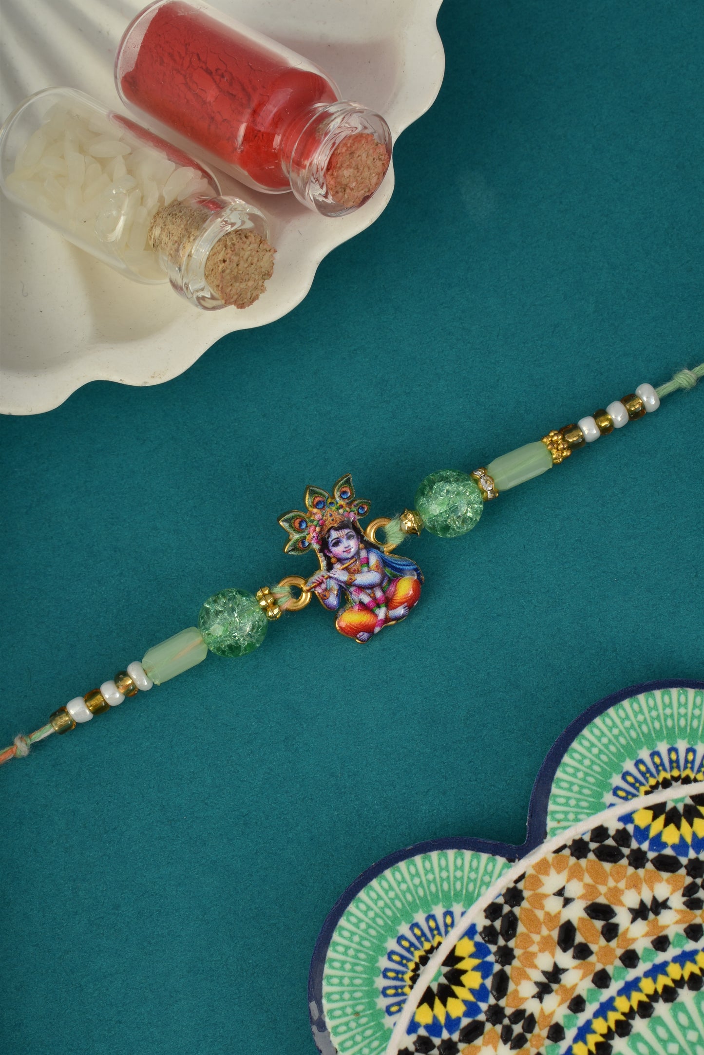 Krishna Morpankh Design Green Kids Rakhi