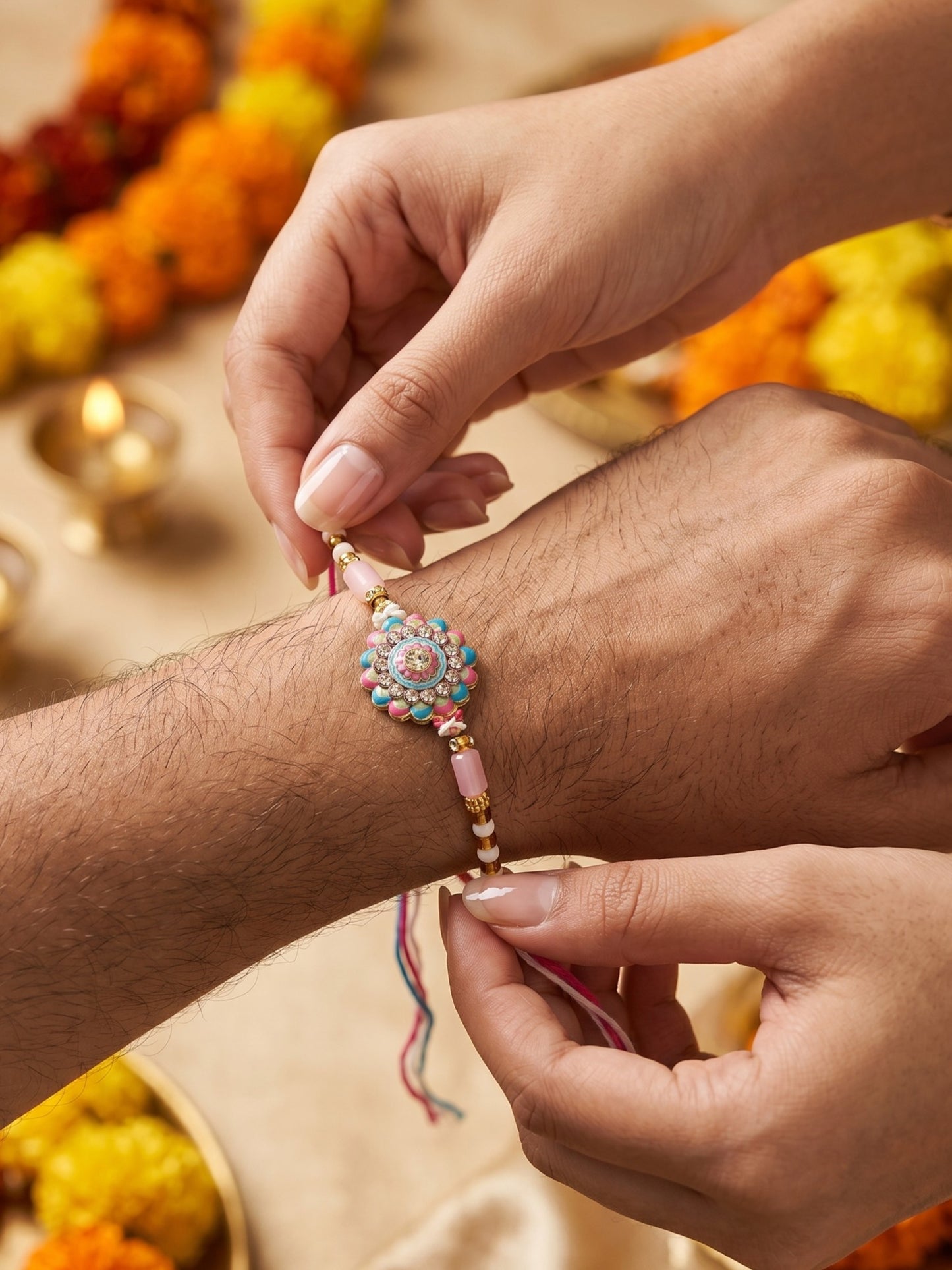 Pink Blue Peacock Design Rakhi