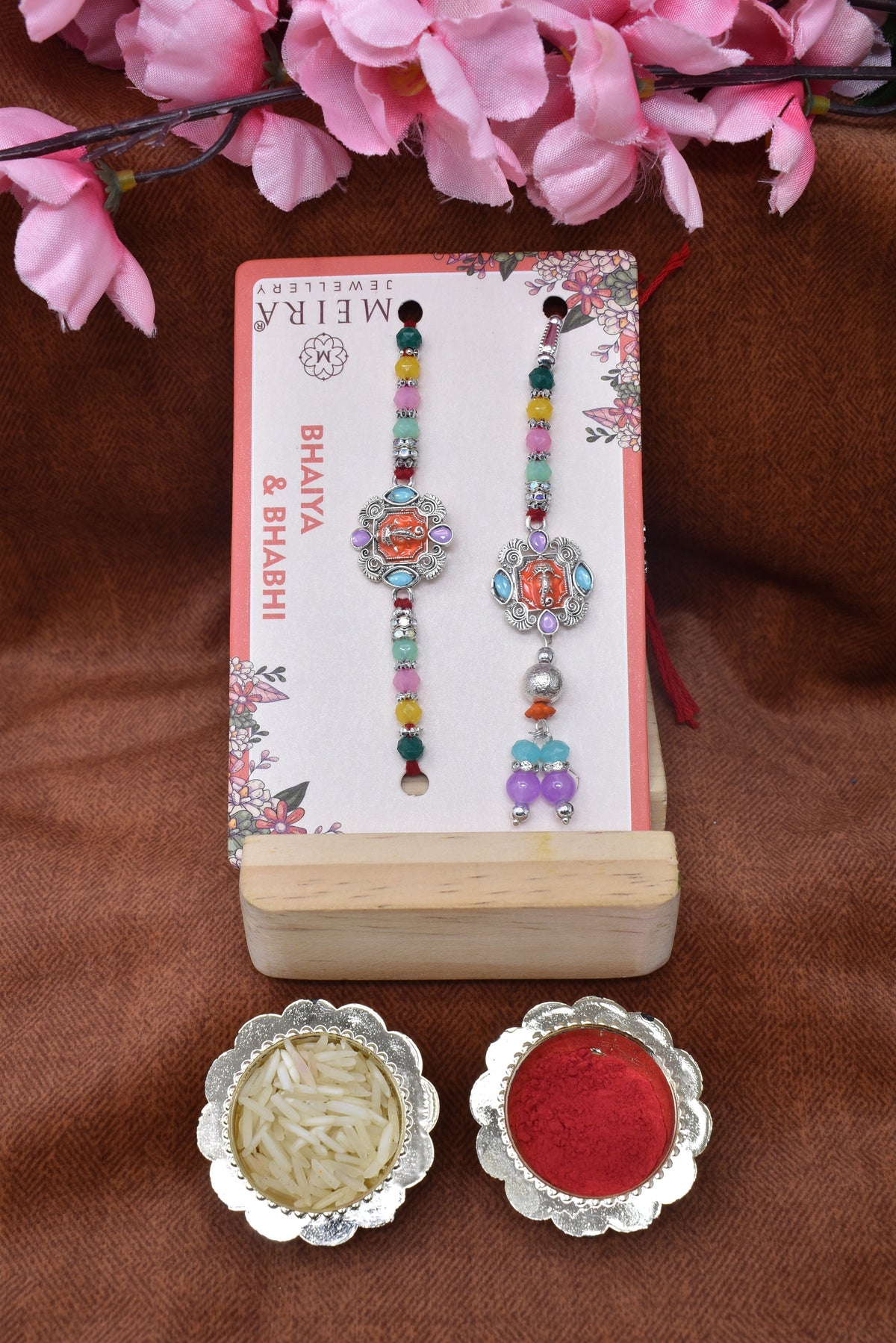 Le Test Rakhi Meira Jewellery Divine Ganesha Design Silver Plated Bhaiya Bhabhi Rakhi Set