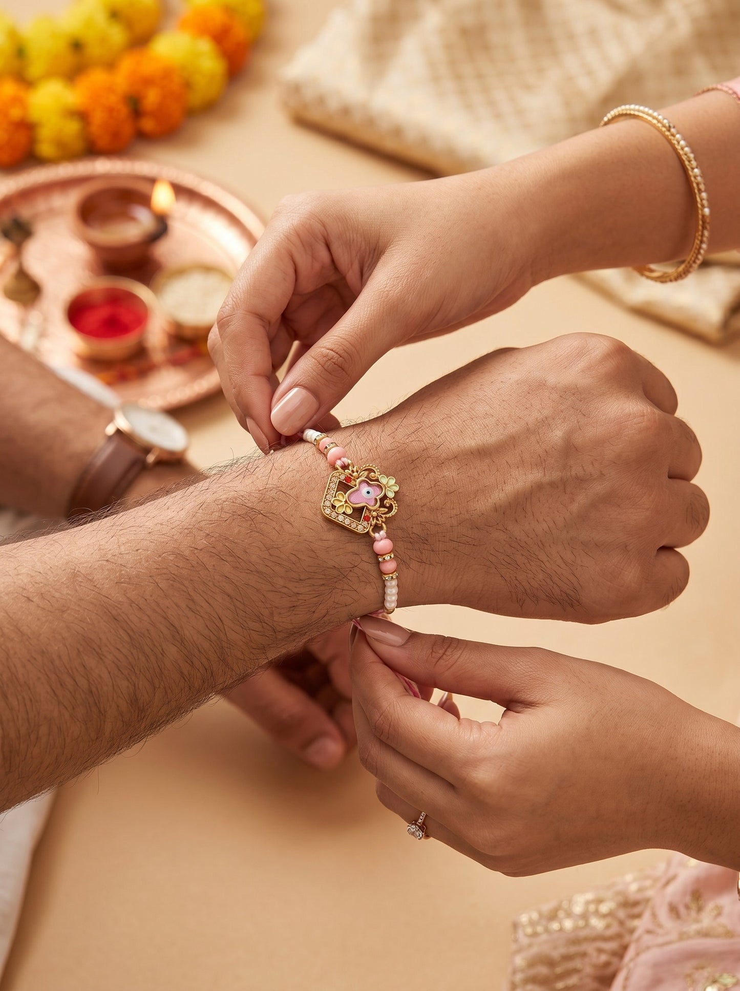 Designer Evil Eye Pink Rakhi for Brother