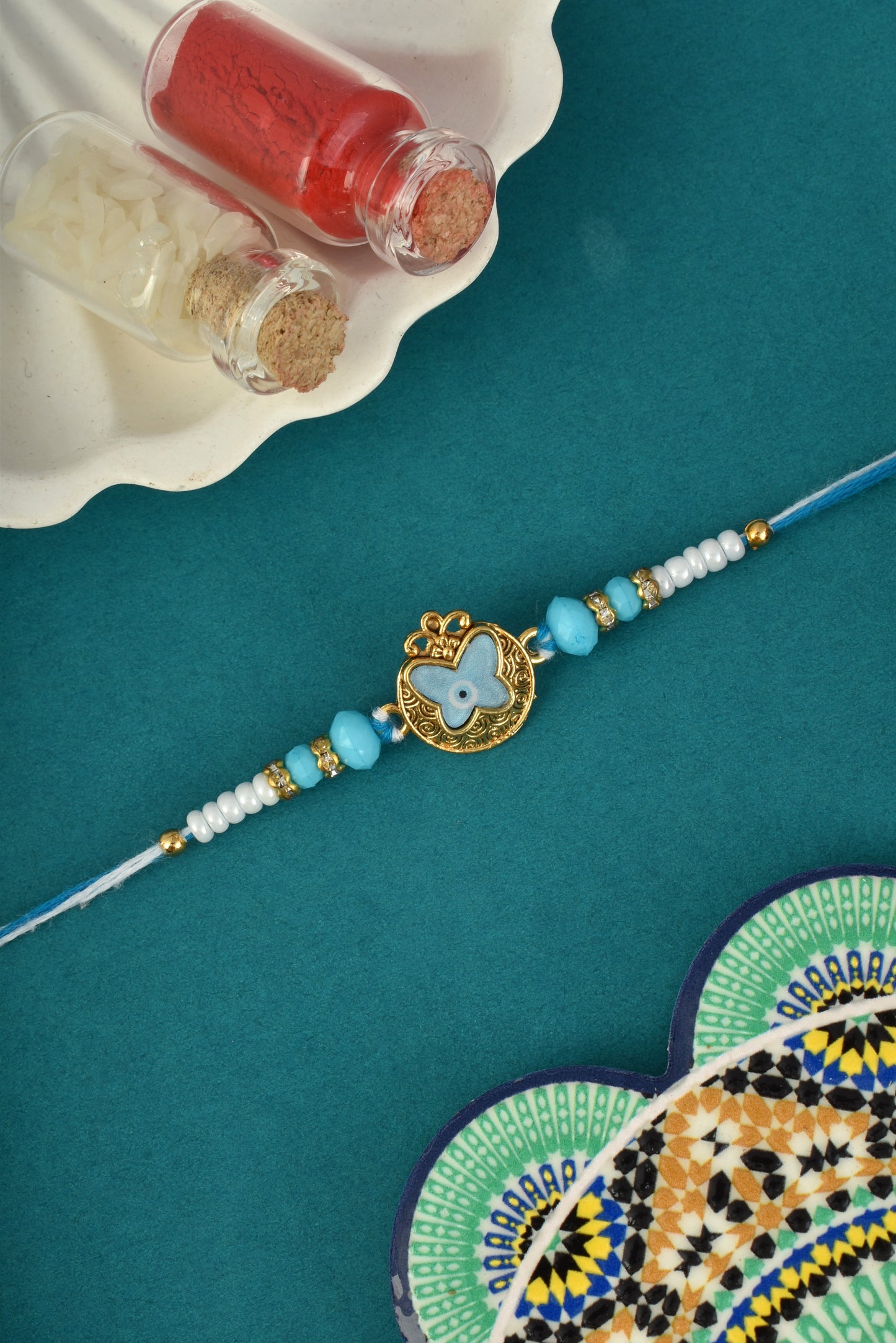 Sky Blue Designer Evil Eye Rakhi For Brother