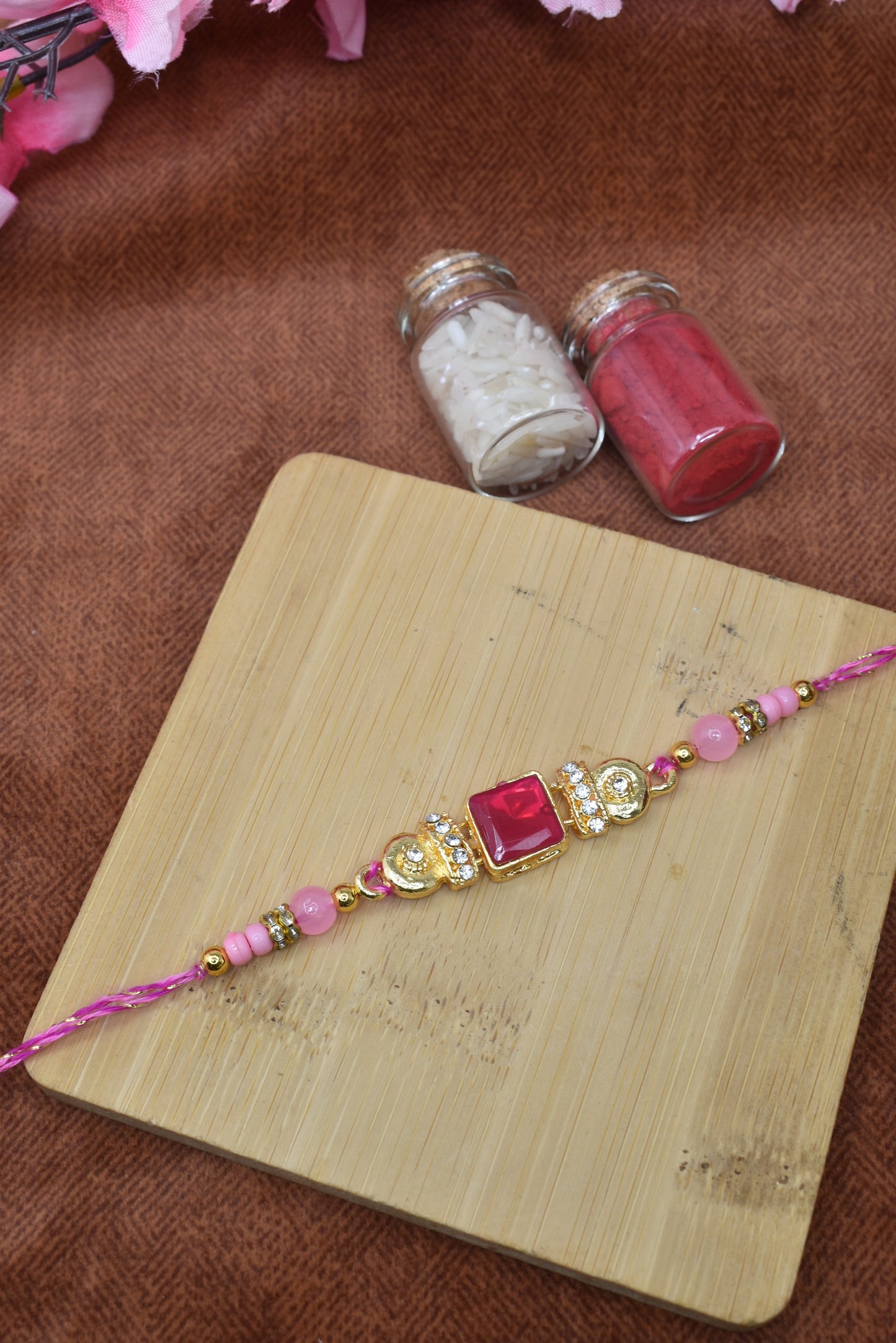 Goldplated AD Studded Pink stone Rakhi